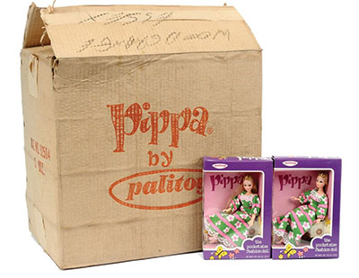 Palitoy Pippa Doll - green, pink and white dress x 36 with a Good trade box