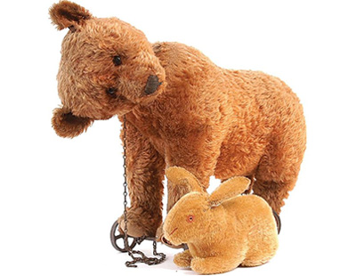 Early Steiff, blank button, bear on wheels, German