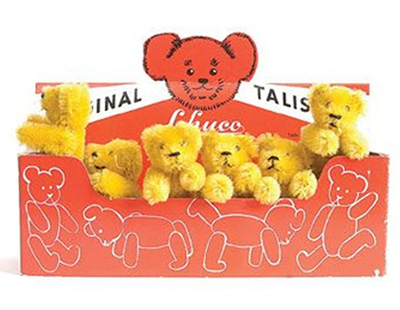 A rare Schuco Talisman trade box containing twelve teddy bears