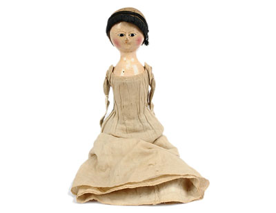 English Queen Anne type wooden doll, 1770-1790, black enamelled pupil-less eyes