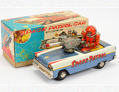 Nomura (TN Japan) Space Patrol Car, blue and white, with tinprinted detail including machine gun