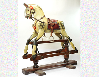 British vintage wooden dapple grey rocking horse, amber and black glass eyes, open mouth