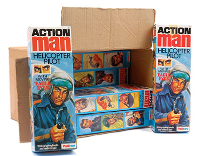 Palitoy Action Man boxed Helicopter Pilot No. 34059 x 12 with Good trade box