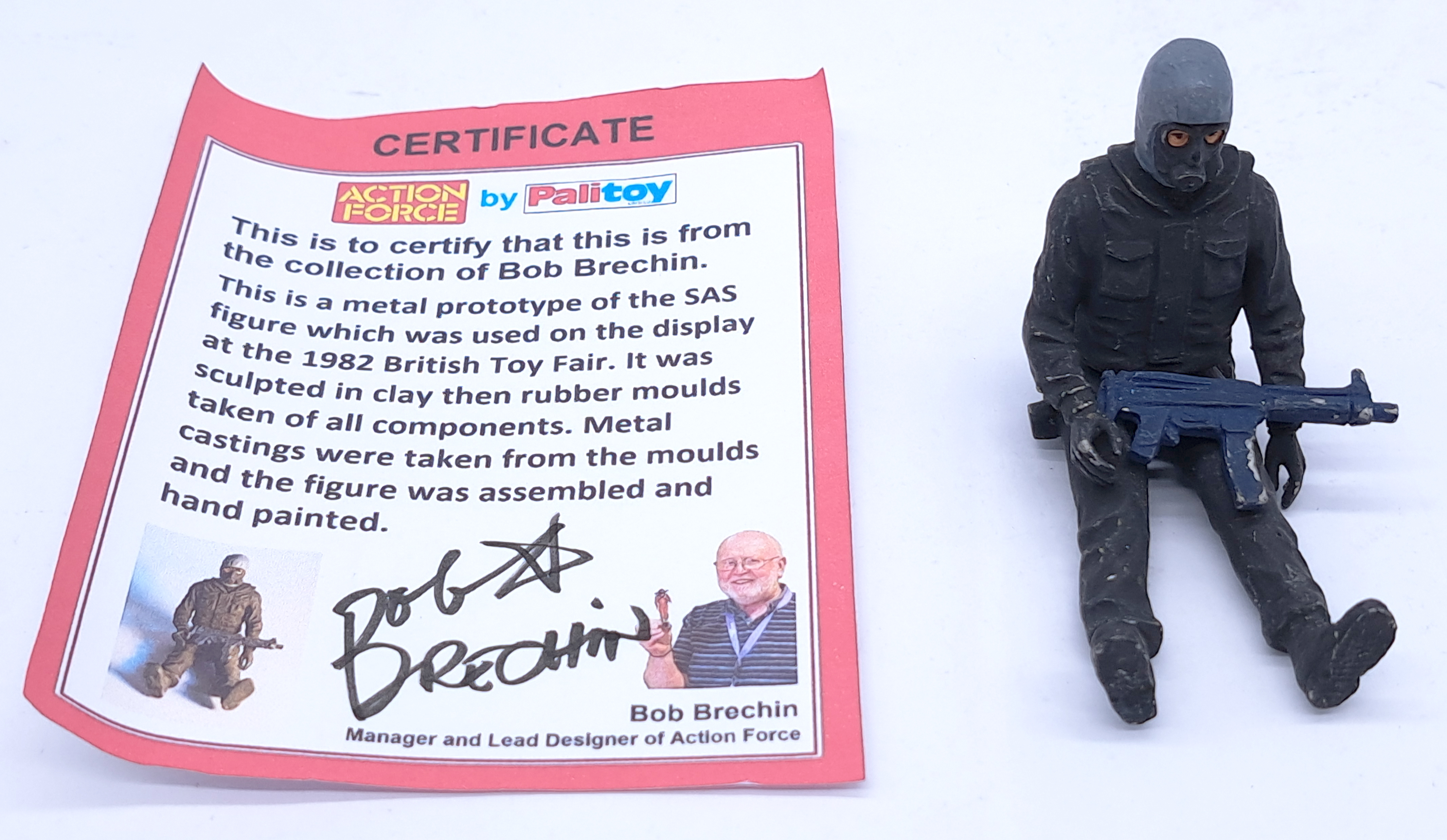 Palitoy Action Force Metal Prototype SAS Sitting figure used on the display diorama at the 1982 British Toy Fair.