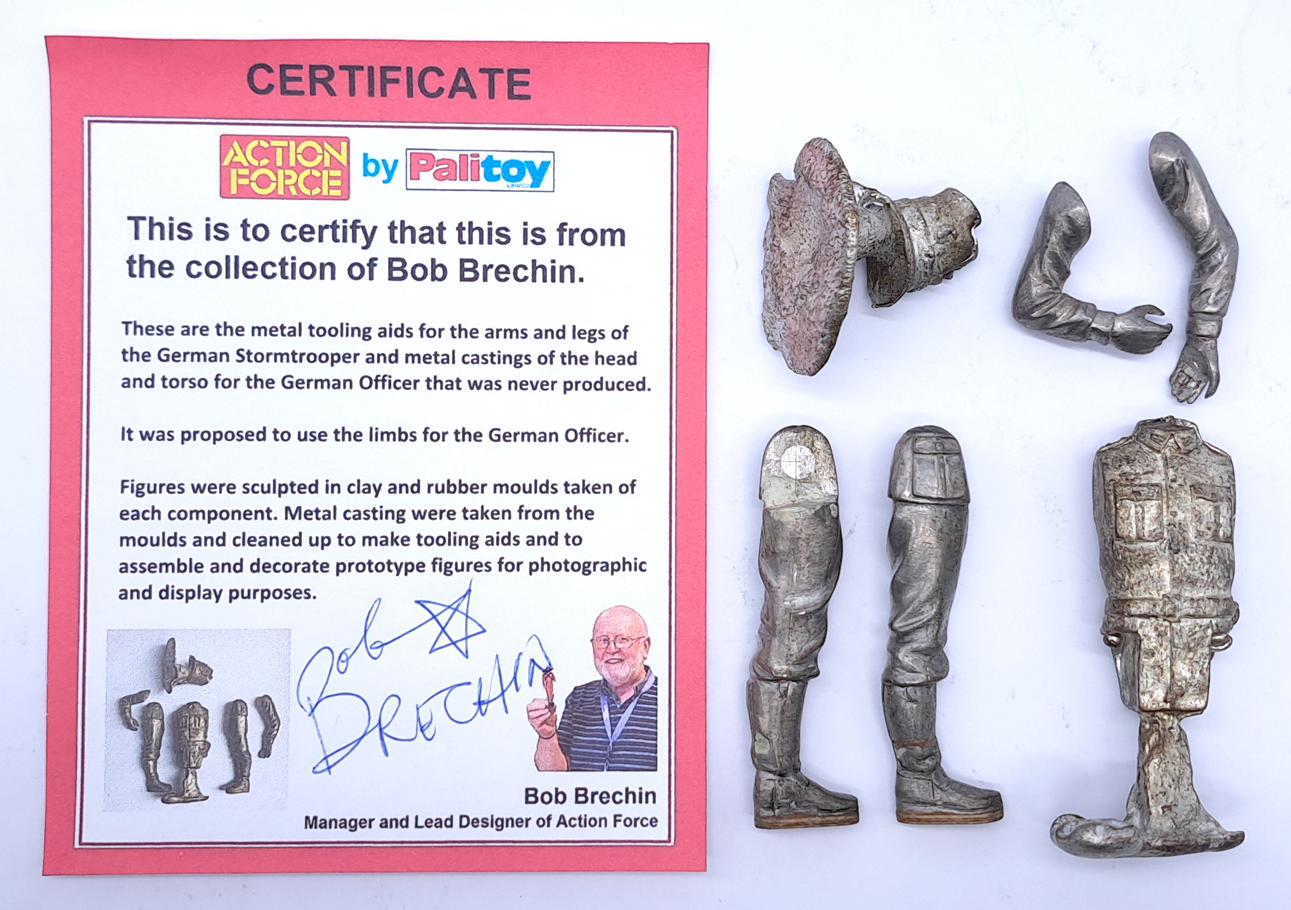 Palitoy Action Force Metal Tooling Aids for the arms and legs of the German Stormtrooper figure and metal castings of the head and torso for the German Officer - that was never produced.